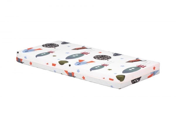 Saltea cu memorie Somnart Memory 70×140, înălțime 10 cm, pentru bebeluși și copii, husă impermeabilă, fermitate medie, model rachete