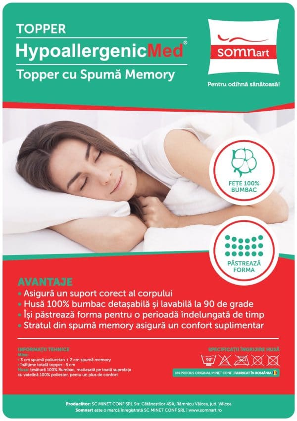 Topper cu memorie, husa bumbac, detasabila, spalare la 90°C, HypoallergenicMed Somnart, 120×200 cm