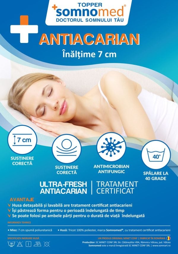 Topper 160×200, SomnoMed Antiacaria, pentru alergici, H 7cm, husa detasabila si lavabila
