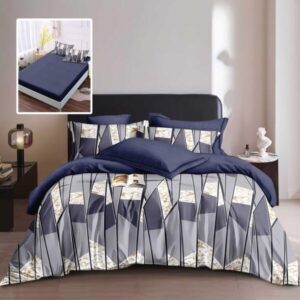 Lenjerie de pat finet 6 piese, cearceaf pat cu elastic, cearceaf pilota 200×230, 2 fete perna 50×70, 2 fete perna 70×70, Extra, Albastru geometric