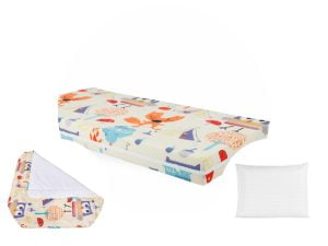 Pachet 1 Saltea Pat SomnART bebelusi si copii Flori 60×120 + 1 Patura impermeabila bumbac + 1 Perna Latex Puiutul Mamei