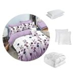 📣 PACHET PROMO: 1 Lenjerie de pat finet Extra 6 piese, cearceaf pat cu elastic model floricele mov+ 1 pilota 200×220 + 2 perne 50 x 70 + 2 perne 70×70