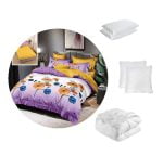📣 PACHET PROMO: 1 Lenjerie de pat finet Extra 6 piese, cearceaf pat cu elastic model purple yellow+ 1 pilota 200×220 + 2 perne 50 x 70 + 2 perne 70×70
