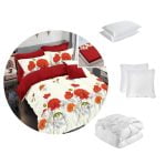 📣 PACHET PROMO: 1 Lenjerie de pat finet Extra 6 piese, cearceaf pat cu elastic model Rosu cu maci + 1 pilota 200×220 + 2 perne 50 x 70 + 2 perne 70×70