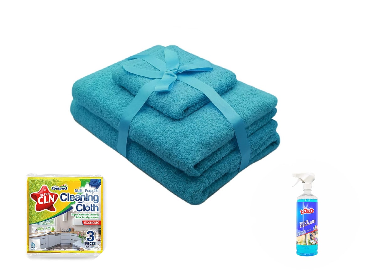 📣 PACHET PROMO: 1 Set prosoape 3 piese Turcoaz + Solutie de geamuri 1 kg + Set lavete uscate universale 📣 PACHET PROMO: 1 Set prosoape 3 piese Turcoaz + Solutie de geamuri 1 kg + Set lavete uscate universale