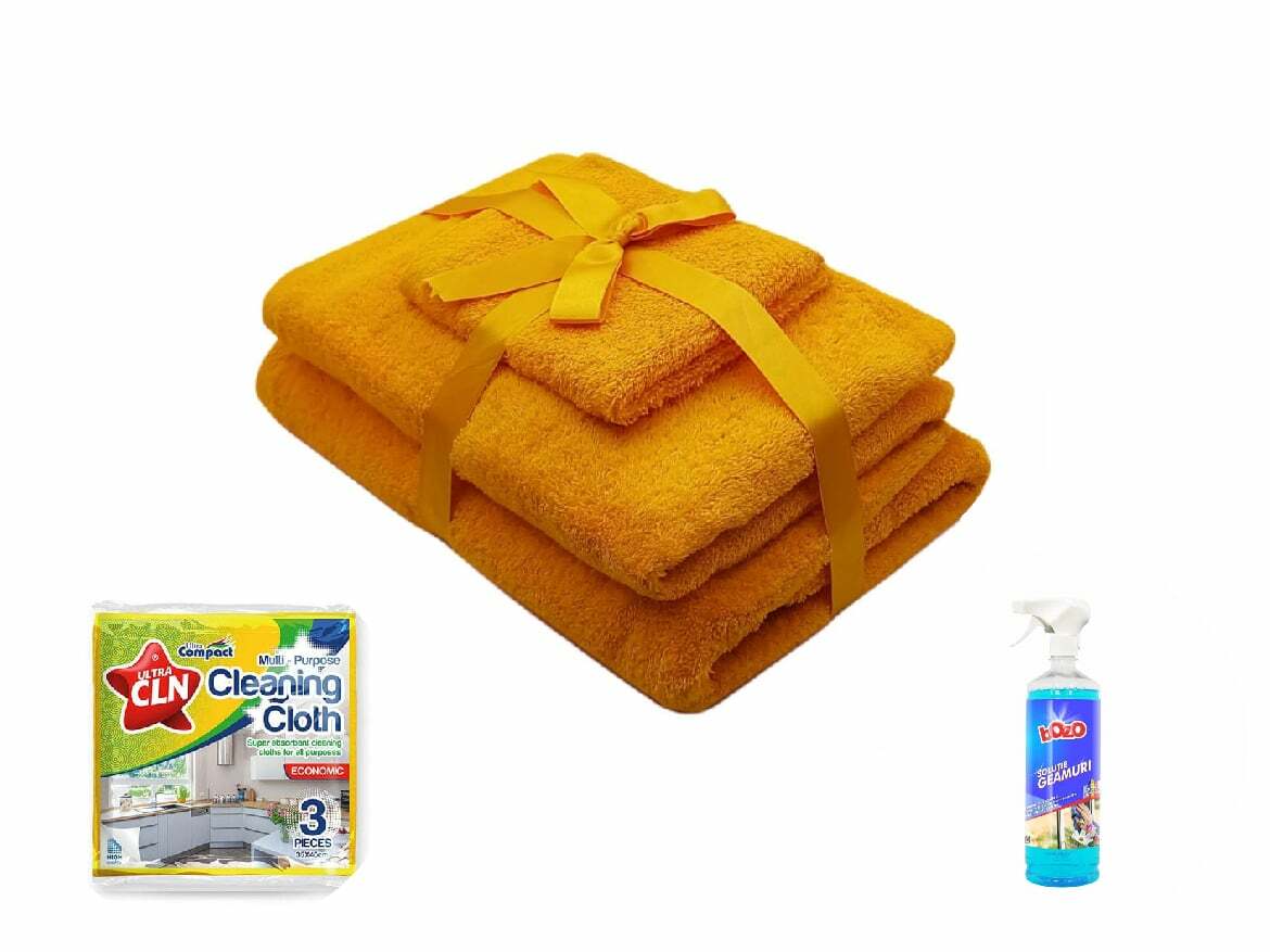 📣 PACHET PROMO: 1 Set prosoape 3 piese Galben+ Solutie de geamuri 1 kg + Set lavete uscate universale 📣 PACHET PROMO: 1 Set prosoape 3 piese Galben+ Solutie de geamuri 1 kg + Set lavete uscate universale