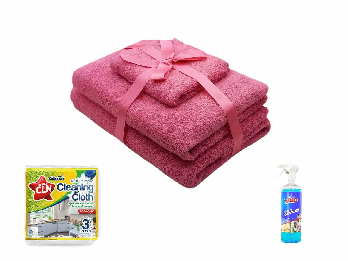 📣 PACHET PROMO: 1 Set prosoape 3 piese Roz + Solutie de geamuri 1 kg + Set lavete uscate universale 📣 PACHET PROMO: 1 Set prosoape 3 piese Roz + Solutie de geamuri 1 kg + Set lavete uscate universale