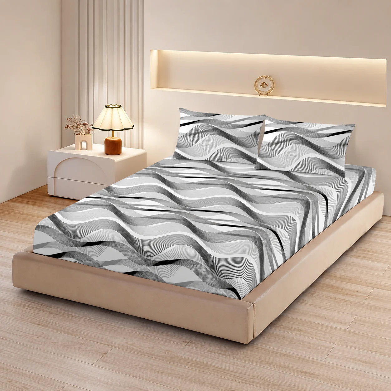 Husa de pat Finet + 2 fete de perna, pentru saltea de 160×200 cm, Silver Waves, 31 Husa de pat Finet + 2 fete de perna, pentru saltea de 160×200 cm, Silver Waves, 31