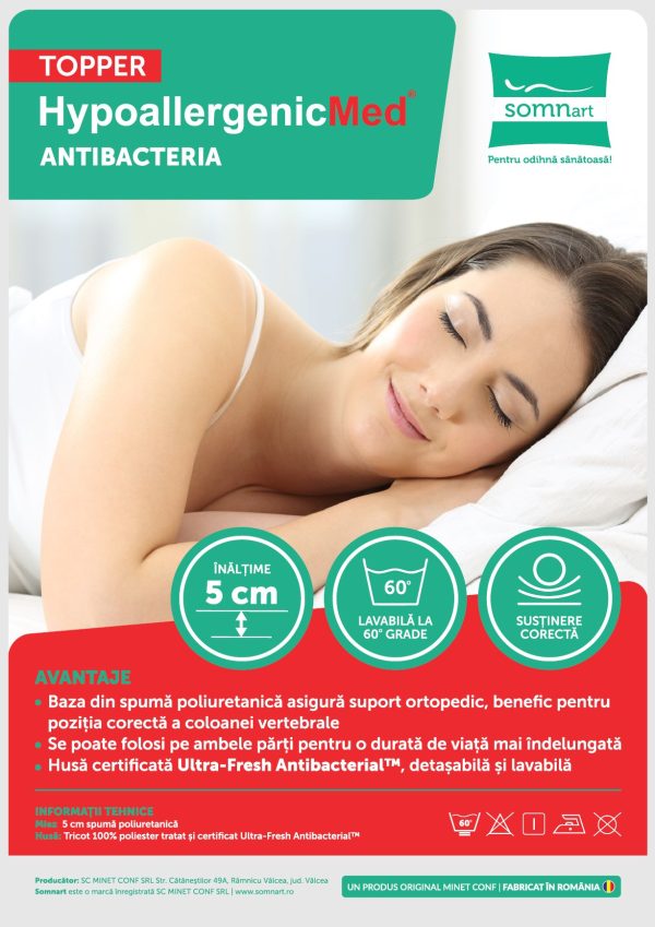 Topper HypoallergenicMed Antibacteria, 180x200x5, husa detasabila, lavabila si  certificata Ultra-Fresh Antibacterial™