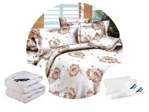 📣PACHET PROMO: 1 Lenjerie 4 piese Bumbac Finet model crem cu flori+ 1 pilota 200×220 + 2 perne 50 x 70