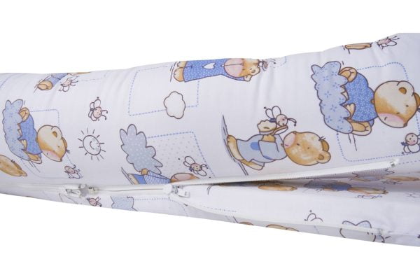 Pozitionator multifunctional 3 in 1 Baby Nest SomnART, perna de gravide + perna de alaptat + protectie patut, cu 3 fermoare, bumbac, Ursuleti