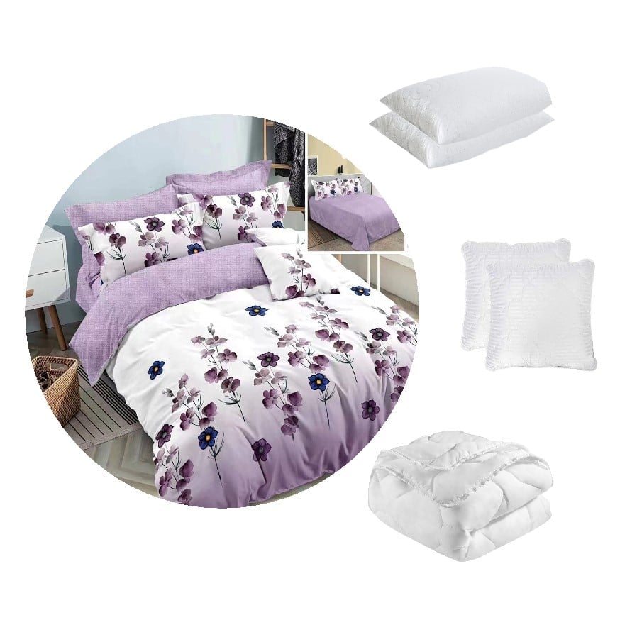 Pachet 1 Lenjerie de pat finet 6 piese, cearceaf pat clasic, Flori de camp + 1 pilota 200×220 + 2 perne 50×70 + 2 perne 70×70