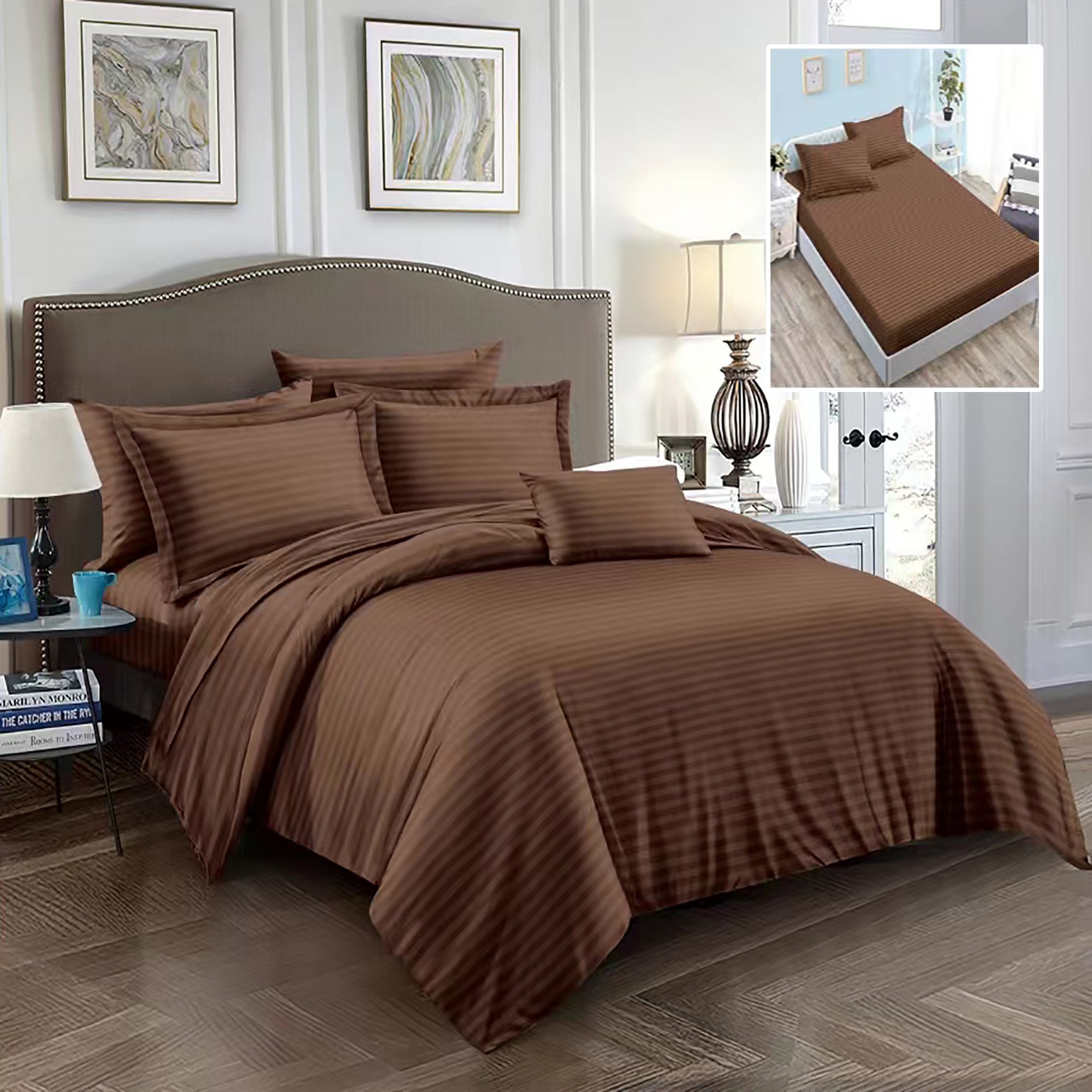 Set lenjerie de pat pentru 2 persoane XXL, Bumbac Damasc Policotton, 6 piese, Cearceaf pat cu elastic, Cearceaf pilota 200×230, Fete de perne 50×70 x 2, Fete de perne 70×70 x 2, 6DPH10