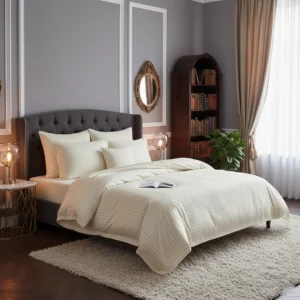 Lenjerie de pat pentru 1 persoana, Bumbac Damasc 100%, 3 piese, Cearceaf pat 160×240, Cearceaf pilota 150×210, Fete de perne 50×70, crem