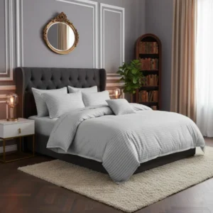 Lenjerie de pat pentru 1 persoana, Bumbac Damasc 100%, 3 piese, Cearceaf pat 160×240, Cearceaf pilota 150×210, Fete de perne 50×70, gri