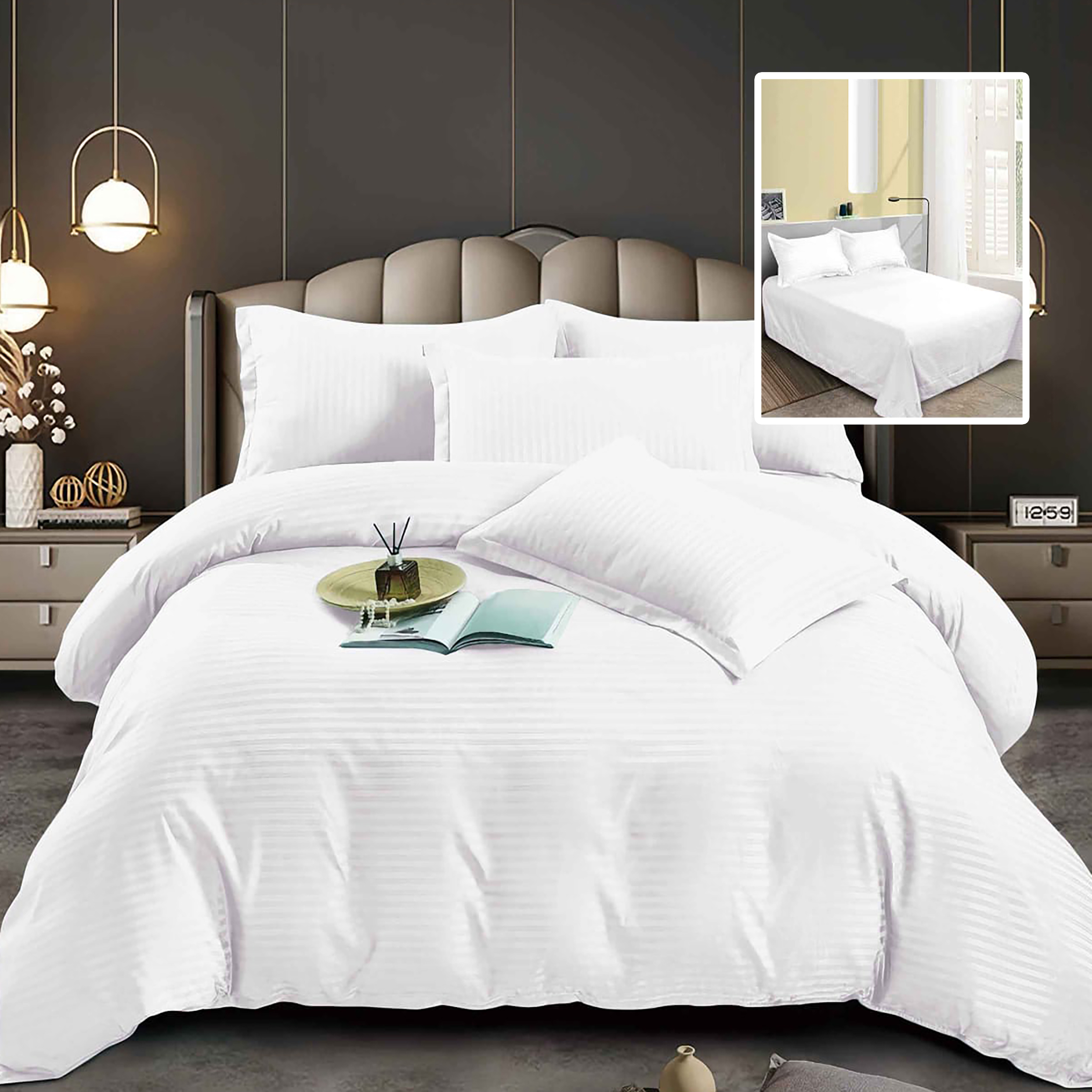 Set lenjerie de pat pentru 2 persoane XXL, Bumbac Damasc Policotton, 4 piese, Cearceaf pat 230×260, Cearceaf pilota 230×200, Fete de perne 50×70 x 2, Bej