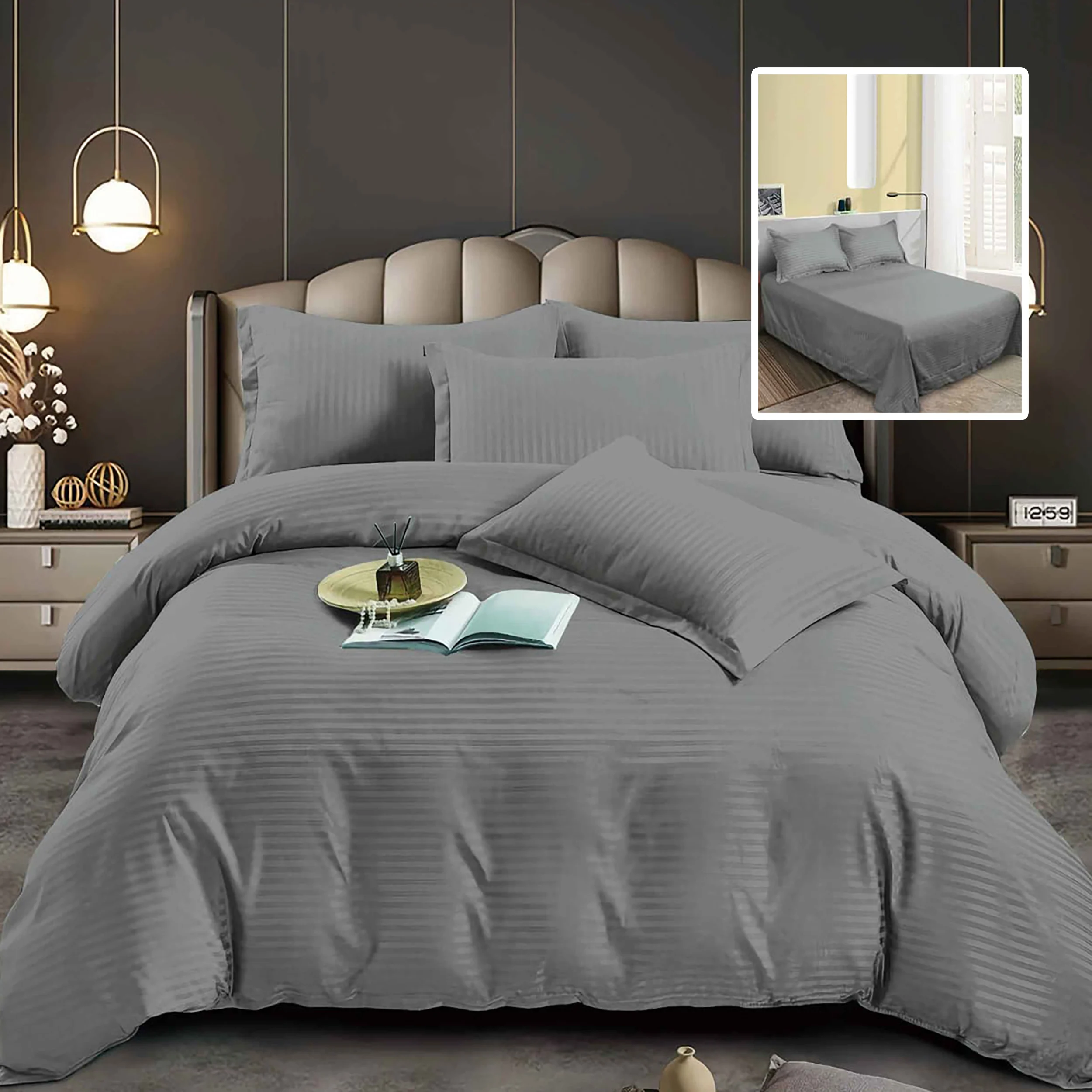 Set lenjerie de pat pentru 2 persoane XXL, Bumbac Damasc Policotton, 4 piese, Cearceaf pat 230×260, Cearceaf pilota 230×200, Fete de perne 50×70 x 2, Bej