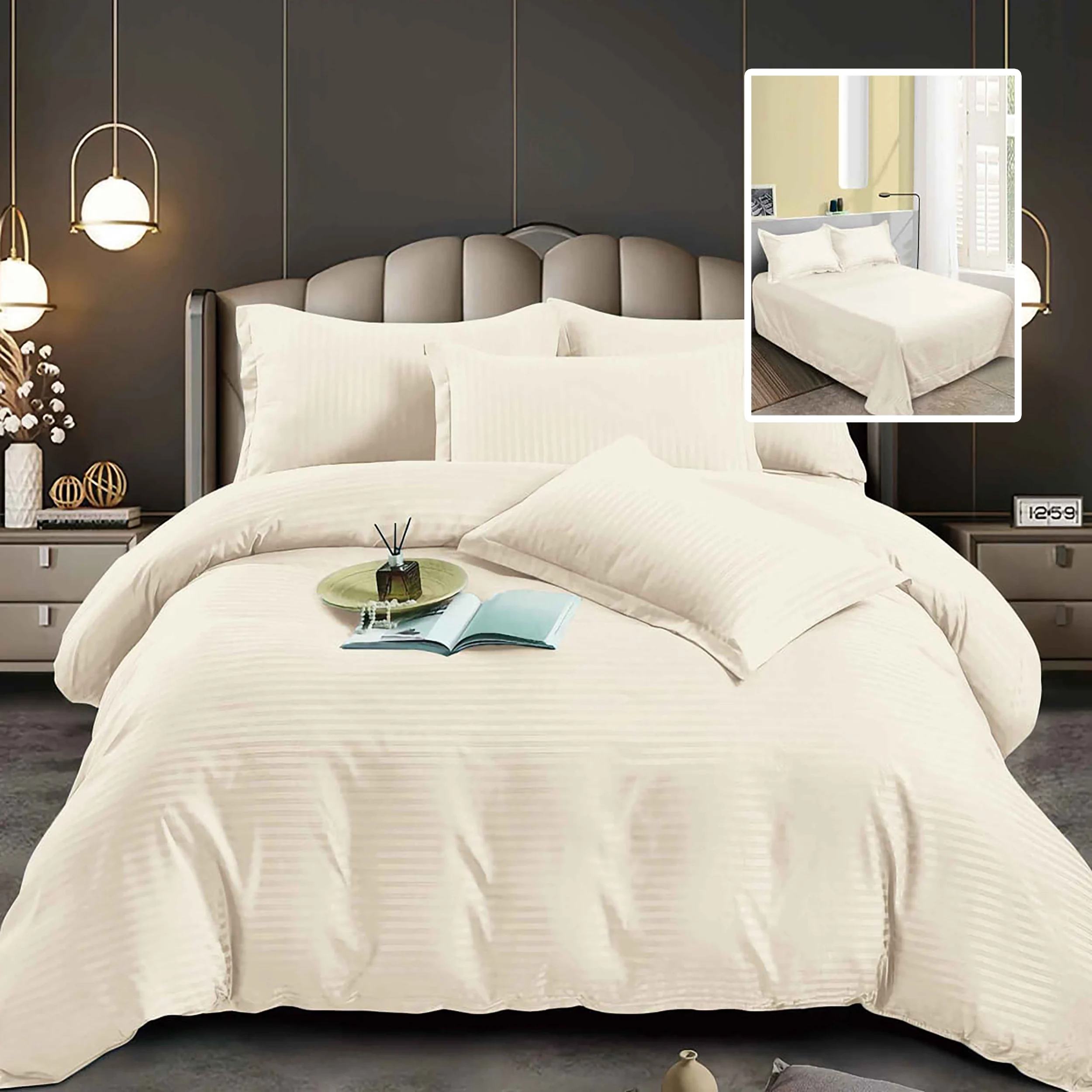 Set lenjerie de pat pentru 2 persoane XXL, Bumbac Damasc Policotton, 4 piese, Cearceaf pat 230×260, Cearceaf pilota 230×200, Fete de perne 50×70 x 2, Bej