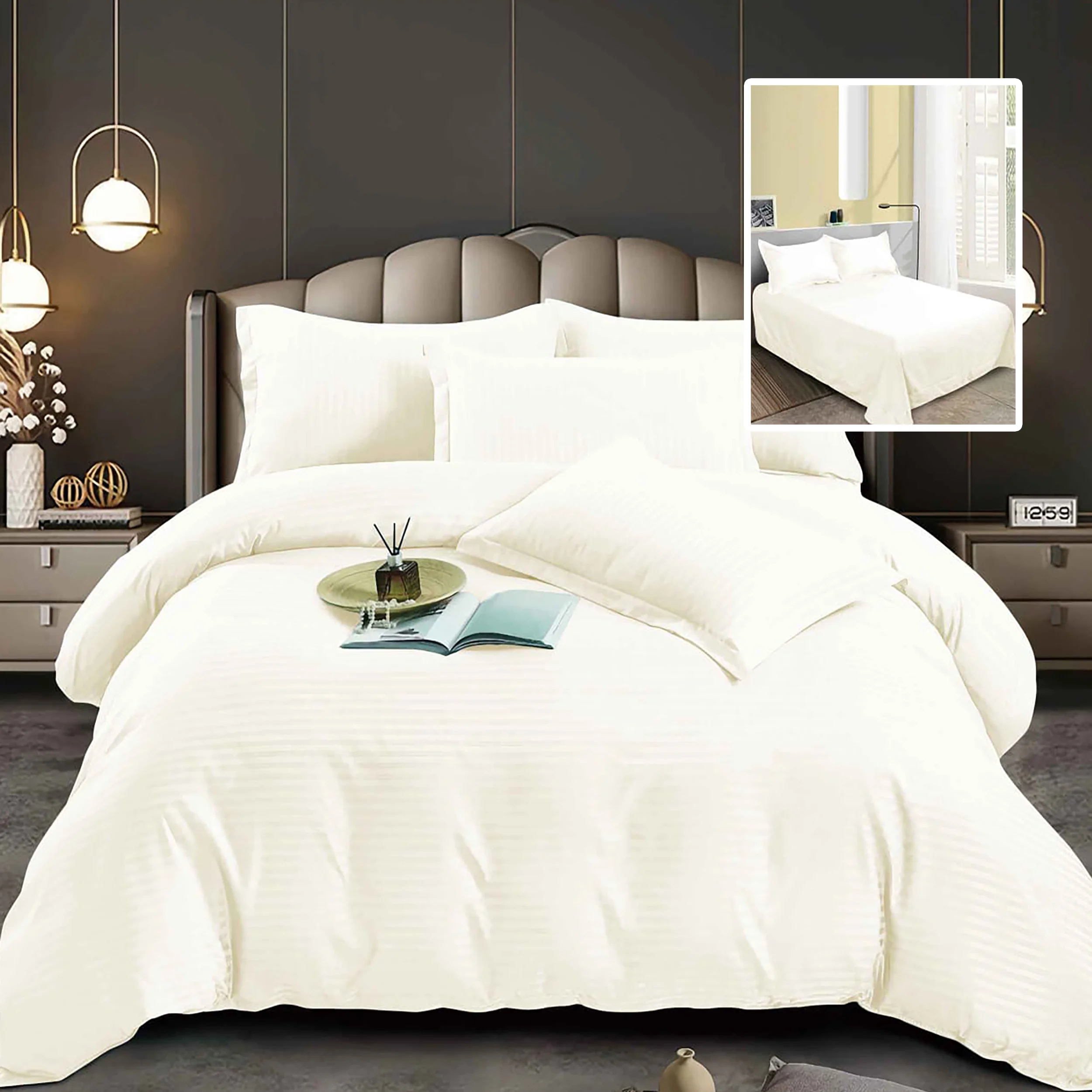 Set lenjerie de pat pentru 2 persoane XXL, Bumbac Damasc Policotton, 4 piese, Cearceaf pat 230×260, Cearceaf pilota 230×200, Fete de perne 50×70 x 2, Bej