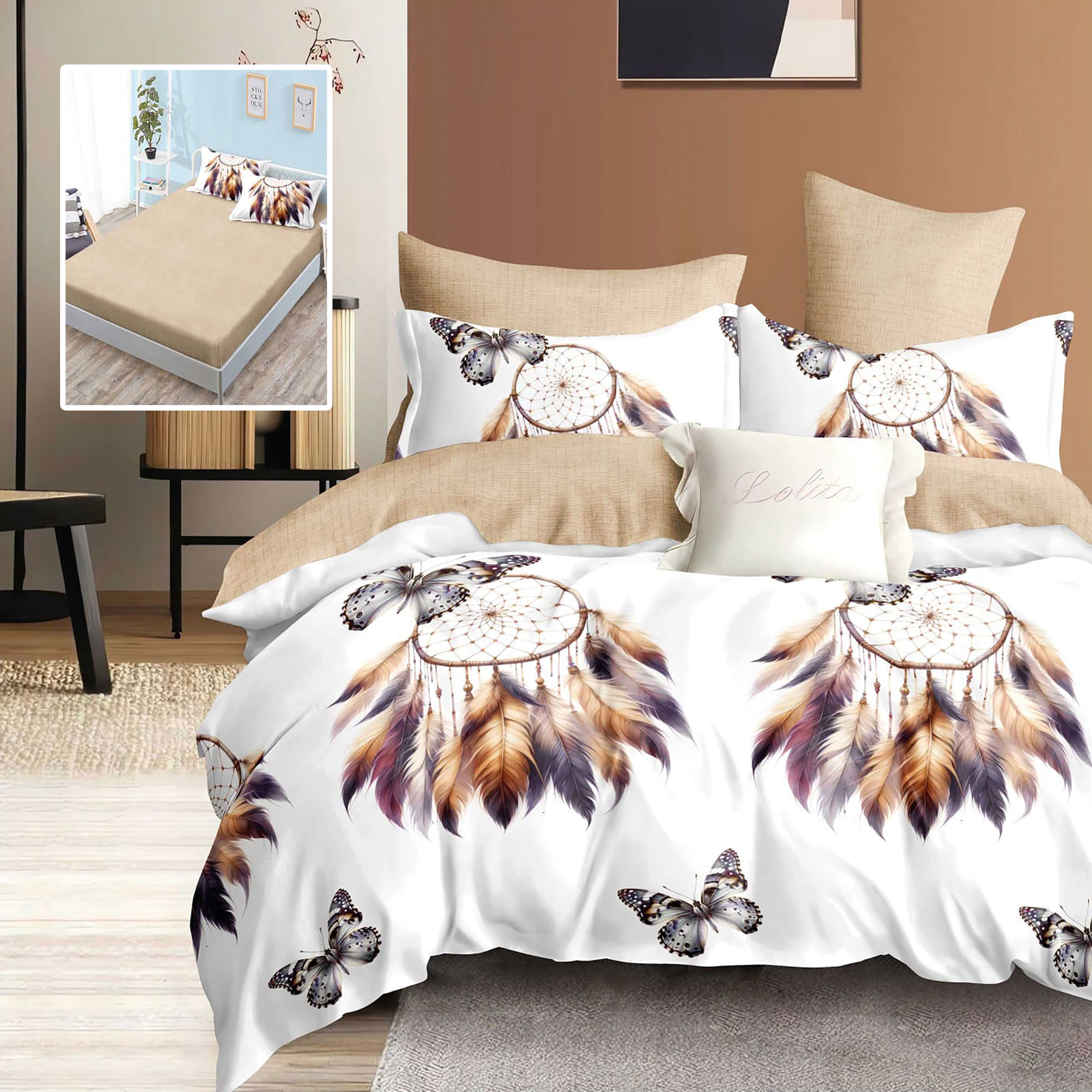 Lenjerie de pat finet 6 piese, cearceaf pat cu elastic, cearceaf pilota 200×230, 2 fete perna 50×70, 2 fete perna 70×70, Extra, Stelute