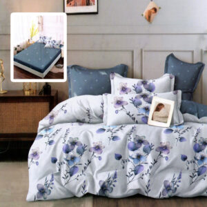Lenjerie de pat finet 6 piese, cearceaf pat cu elastic, cearceaf pilota 200×230, 2 fete perna 50×70, 2 fete perna 70×70, Extra, Mov cu flori