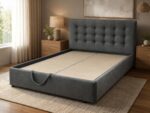 Pat tapitat 160×200 cu lada de depozitare Somnart Madrid, somiera rabatabila, gri