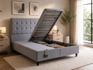 Pat tapitat 140×200 cu lada de depozitare Somnart Optimal, somiera rabatabila, gri