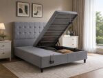 Pat tapitat 160×200 cu lada de depozitare Somnart Optimal, somiera rabatabila, gri