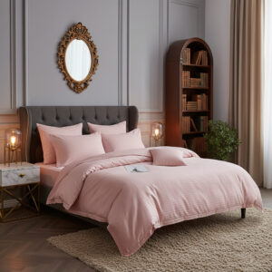 Lenjerie de pat pentru 2 persoane XXL, Bumbac Damasc 100%, 4 piese, Cearceaf pat 240×260, Cearceaf pilota 200×230, Fete de perne 50×70 x 2, roz pudra
