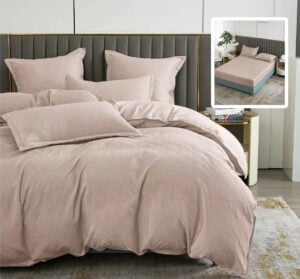 Lenjerie de pat 6 piese, Natur Uni Baroque, cearceaf pat cu elastic, cearceaf pilota 200×230, 2 fete perna 50×70, 2 fete perna 70×70, Cappuccino